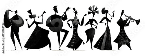 Abstract Silhouettes of a Jazz Band Playing Instruments, Depicting a Lively Musical Performance with Stylized Figures and Dynamic Poses