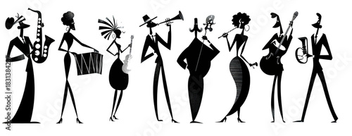 Jazz Band Musicians Silhouette Illustration - Black and White