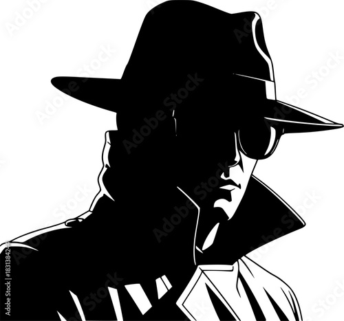 Mysterious man in hat and sunglasses with dramatic lighting - vector. 
