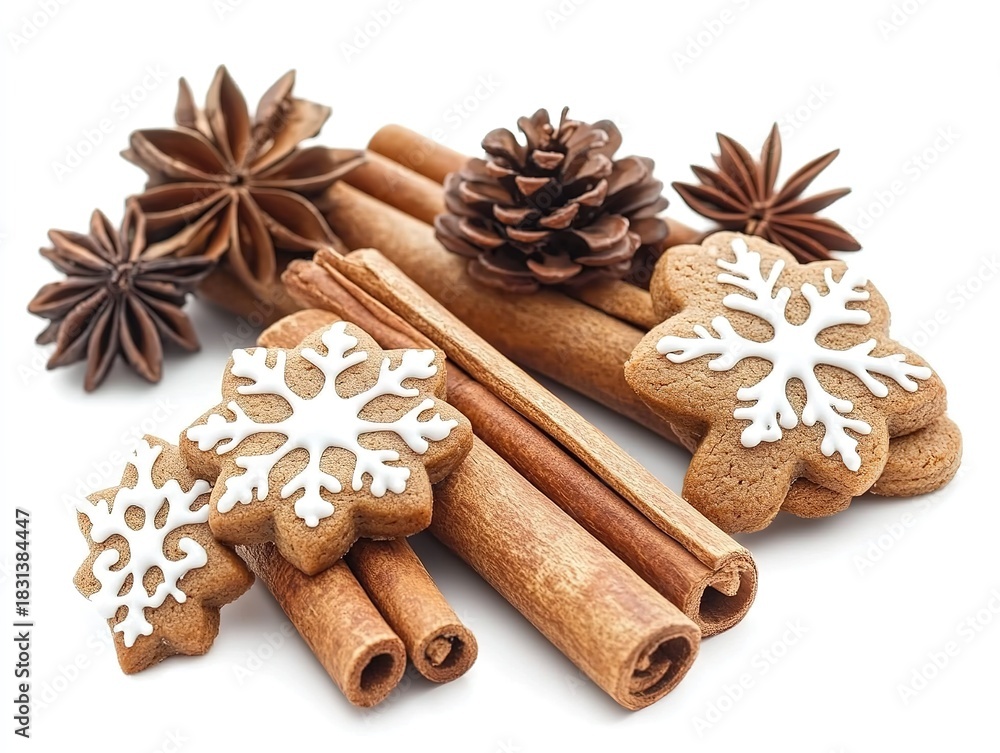Fototapeta premium High-resolution close-up of cinnamon sticks and snowflake gingerbread cookies on white background, cozy and photorealistic still life for holiday promotion, food blog, packaging, or winter-themed 