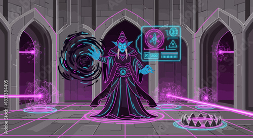 Enchantress wielding chaotic magic in a futuristic gothic castle setting