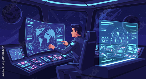 Futuristic spaceship control bridge with pilot navigating through interstellar space