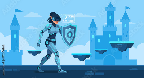 Futuristic VR Knight Avatar Navigating Fantasy Landscape in Virtual Reality Realm