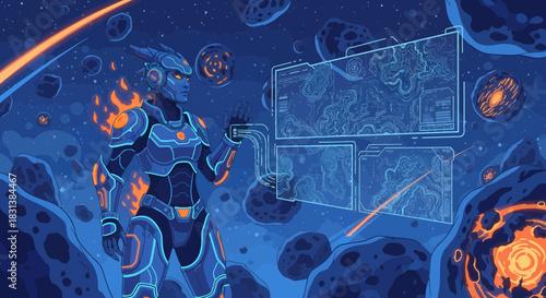 Futuristic Space Explorer Interacting with Holographic Displays Amidst Asteroid Field