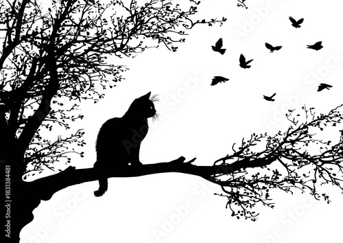 Contemplative cat silhouette on a leafless tree branch watching a flock of birds fly away