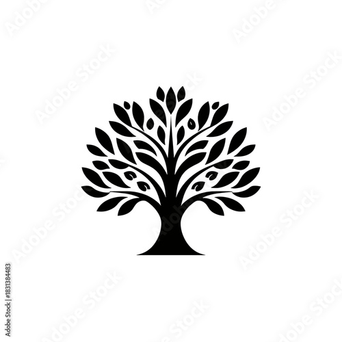 Elegant Black Tree Silhouette Emblem with Lush Foliage, Representing Growth, Nature, and Life's Enduring Strength