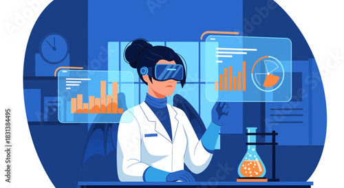 Female scientist in futuristic laboratory conducting experiment using VR technology