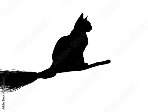 Black cat silhouette riding a broomstick against a white background