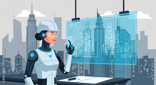 Futuristic construction with female robot architect and city skyline