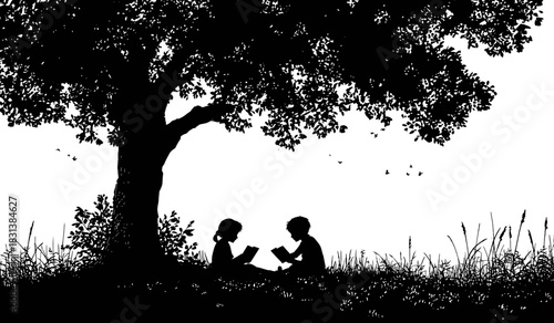 Peaceful Childhood Scene Silhouette of Two Children Reading Books Together Under the Shade of a Grand Tree, Highlighting Shared Learning and Nature's Calm