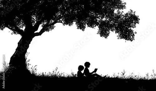Silhouette of two children reading under a large tree in a grassy field