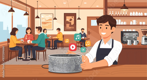 Modern cafe ambiance with smart assistant enhancing customer experience