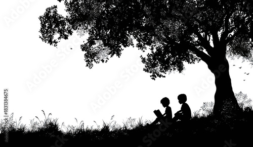 Children Reading Under a Tree Silhouette