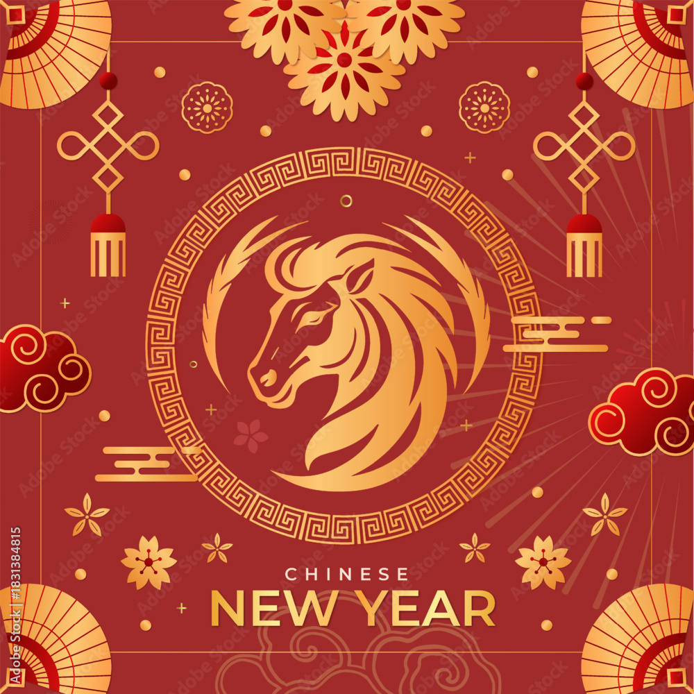 Fototapeta premium Graphic collection of gold scandinavian horse chinese new year imlek with seamless pattern