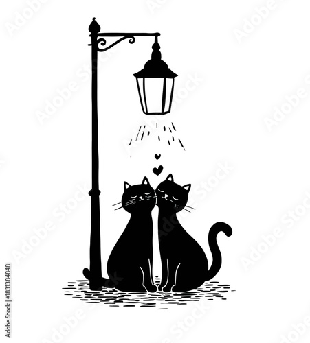 Romantic Cats Under a Street Lamp A Whimsical Black and White Illustration