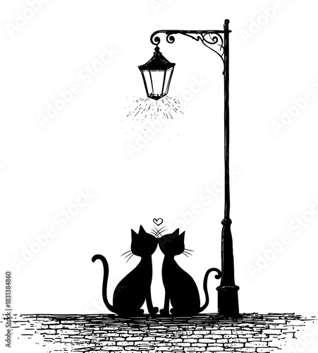 Enchanting Silhouette of Cats in Love Under a Street Lamp