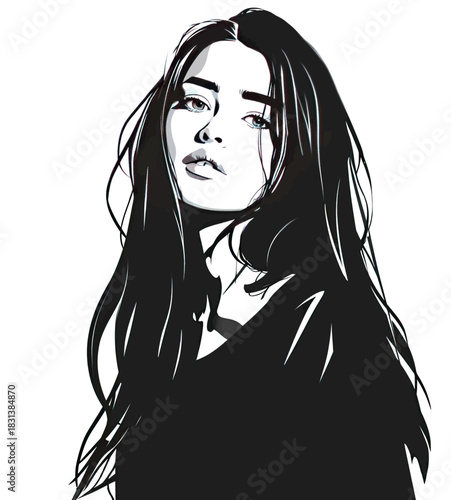 Stylized graphic illustration of a modern woman with flowing dark hair and a confident gaze