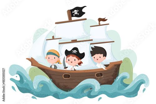 A whimsical illustration of three cute children dressed as pirates on a sailing adventure