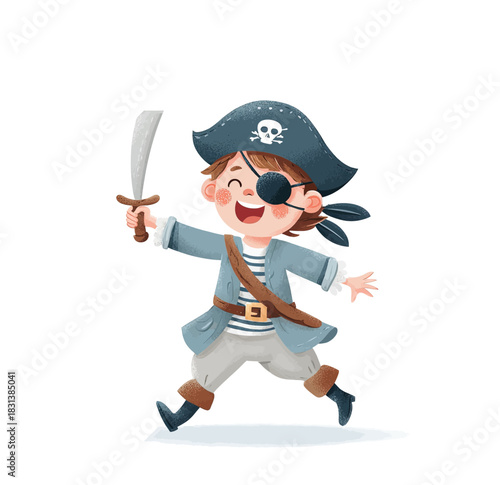 A joyful young boy in a pirate costume with an eyepatch and sword, running on an adventure of imagination