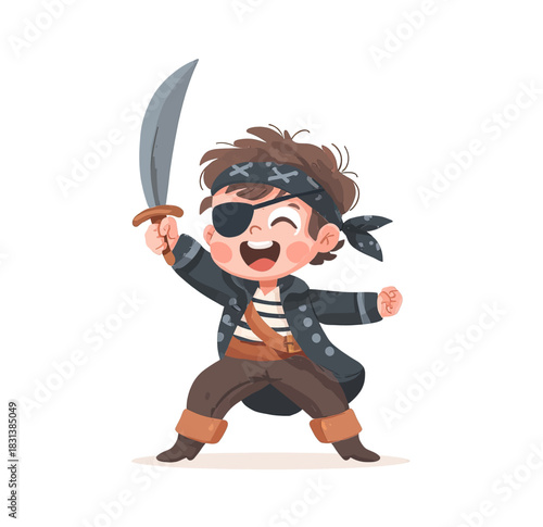 Happy cartoon pirate boy with a sword and eye patch celebrating an adventure