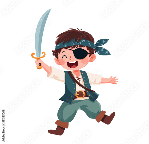 Enthusiastic Cartoon Child in Pirate Costume, Joyfully Waving a Sword and Wearing an Eye Patch, Ready for Playful Adventure