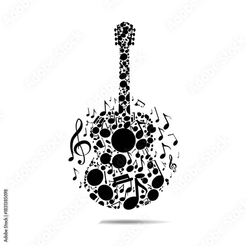Creative musical concept with an acoustic guitar silhouette composed of various black music notes and symbols