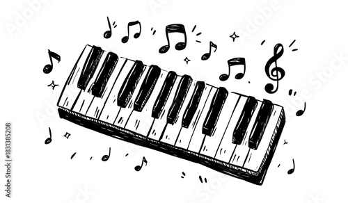 Artistic hand-drawn piano keyboard illustration with musical notes and treble clef