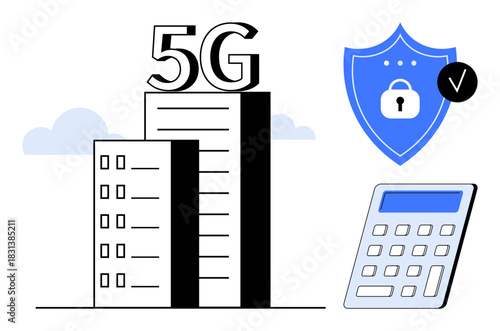 Buildings symbolizing 5G network, shield with padlock for security, calculator for financial planning. Ideal for technology, security, finance, innovation, telecommunications, business reliable