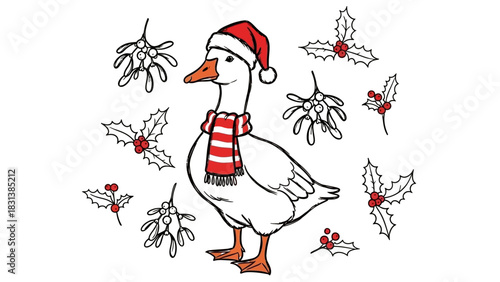 Festive goose wearing a Santa hat and scarf surrounded by mistletoe and holly.