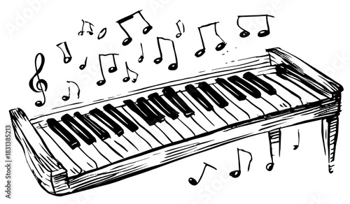 Hand-drawn monochrome illustration of an acoustic piano with musical notes soaring above, symbolizing melody, composition, and artistic harmony