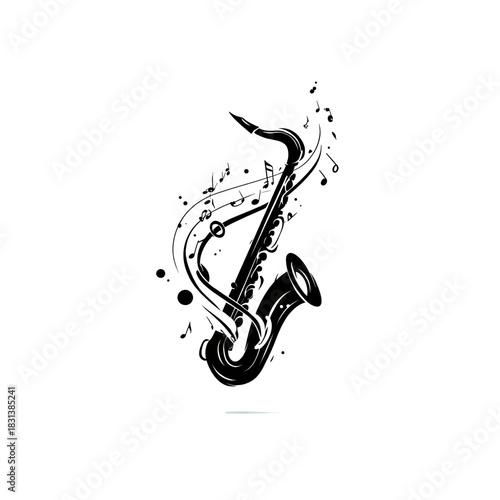 Stylized saxophone with flowing musical notes, an elegant black and white illustration