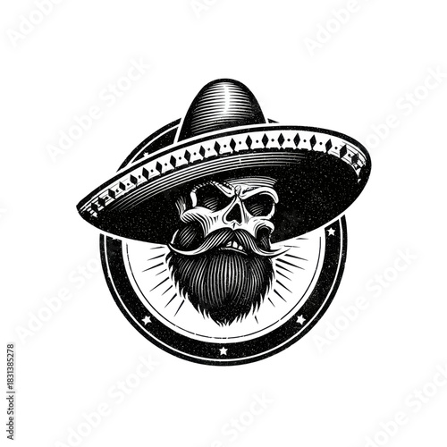 Mexican Skull Icon with Sombrero and Mustache