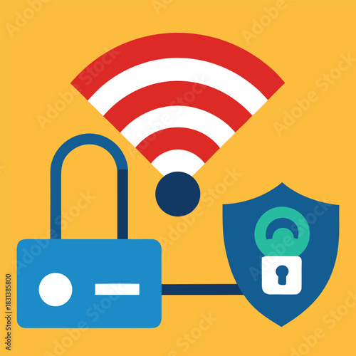Flat vector of secure wi fi connection with padlock protection