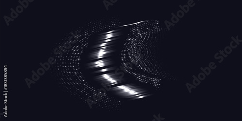 Abstract digital circles of white particles. Big Data visualization into cyberspace. Network Information Decay. Futuristic modern background.