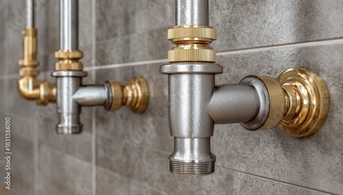 Vibrant photo of modern plumbing pipes with brass fittings