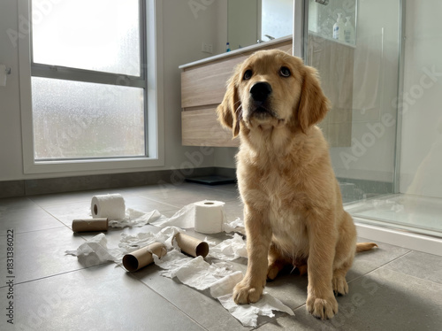 Chiot golden retriever assis l'air coupable devant rouleaux papier toilette dévidés salle de bain

