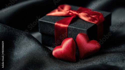 Luxury black gift box tied with red ribbon and small hearts.
