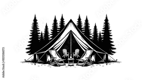 Camping Tent in Forest Illustration – Outdoor Adventure Nature Silhouette