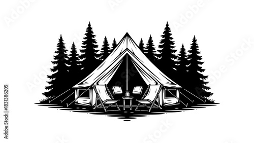 Camping Tent in Forest Illustration – Outdoor Adventure Nature Silhouette