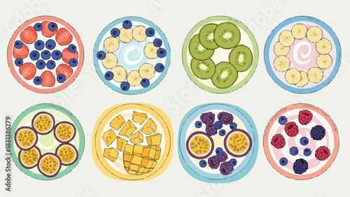 Collection of eight vibrant fruit bowls with various fresh ingredients.