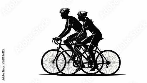 Cyclists silhouette riding bicycles together in a black and white image.