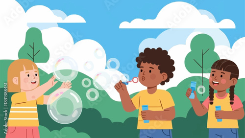 Three happy children playing with bubbles outdoors in a park.