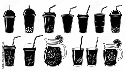 Collection of black silhouette cold drink and beverage illustrations.