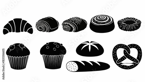 Assortment of baked goods and pastries in silhouette style.