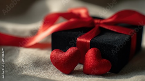 Luxury black gift box tied with red ribbon and small hearts.
