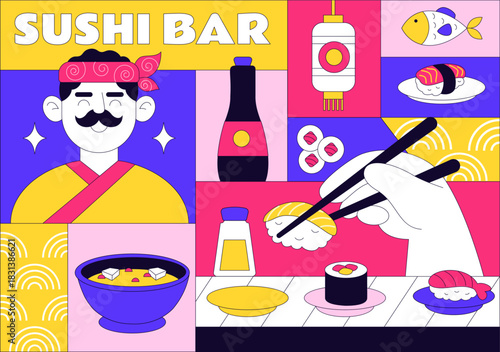 Sushi Bar Vector Illustration Featuring Japanese Asian Food or Restaurant Serving Sashimi, Rice, Soy Sauce, and Wasabi in a Flat Background