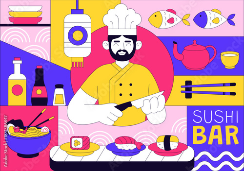 Sushi Bar Vector Illustration Featuring Japanese Asian Food or Restaurant Serving Sashimi, Rice, Soy Sauce, and Wasabi in a Flat Background