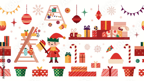 Festive christmas scene with elf, gifts, ornaments, and decorations in a whimsical style design