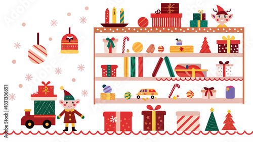 Illustration of christmas gifts on shelves with elves and snowflakes in a festive arrangement