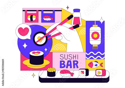 Sushi Bar Vector Illustration Featuring Japanese Asian Food or Restaurant Serving Sashimi, Rice, Soy Sauce, and Wasabi in a Flat Background
